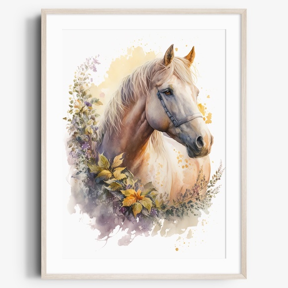 Other - Watercolor Cute Floral White Horse Wall Art Illustration Print Poster Unframed